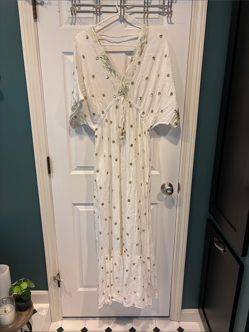 White Maxi Dress with Gold Embroidered Accents